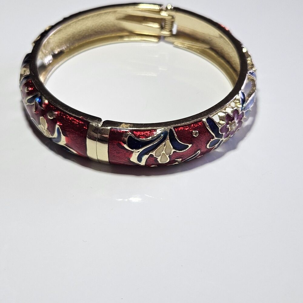 *Sale* Jiu Long Xing Gold Tone Red Blue Cloisonne Flower Hinged Bracelet 7.5" - Picture 8 of 14